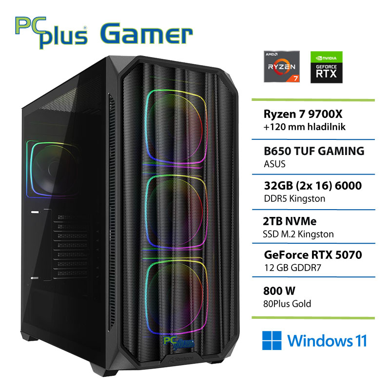 PCPLUS Gamer Ryzen 7 9700X 32GB 2TB SSD RTX 5070 12GB Windows 11 Home gaming namizni računalnik