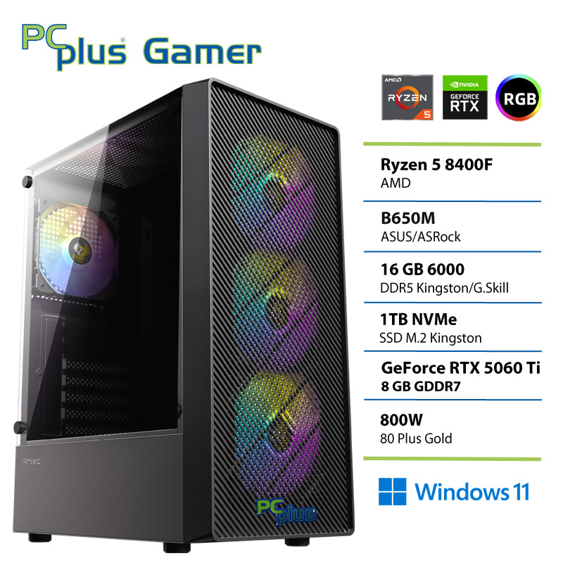 PCPLUS Gamer Ryzen 5 8400F 16GB 1TB RTX 5060Ti 8GB Windows 11 Home gaming namizni računalnik