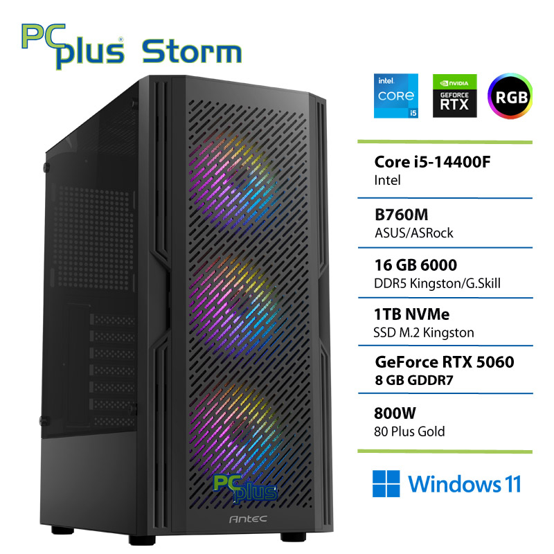 PCPLUS Storm Core i5 14400F 16GB 1TB SSD RTX 5060 8GB Windows 11 Home gaming namizni računalnik