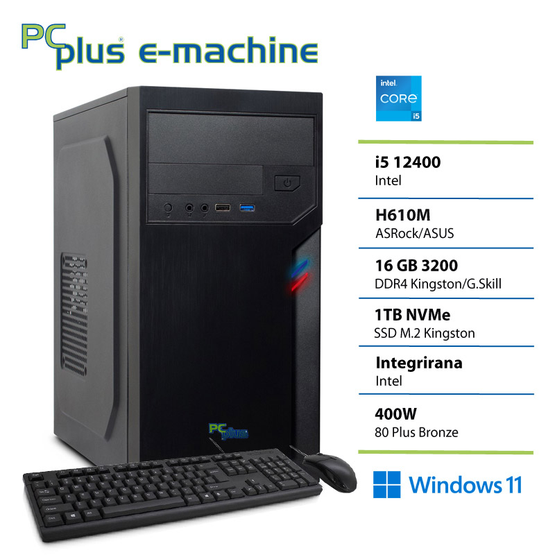 PCPLUS e-office i5 12400 16GB 1TB SSD Windows 11 Home tipkovnica miška namizni računalnik