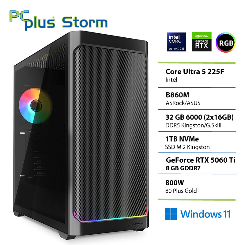 PCPLUS Storm Core Ultra 5 225F 32GB 1TB SSD RTX 5060Ti 8GB Windows 11 Home gaming namizni računalnik