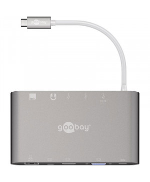GOOBAY USB-C / RJ45 + HDMI + VGA + miniDP + 3x USB3.0 + 3,5mm + SD reža srebrn multi - adapter