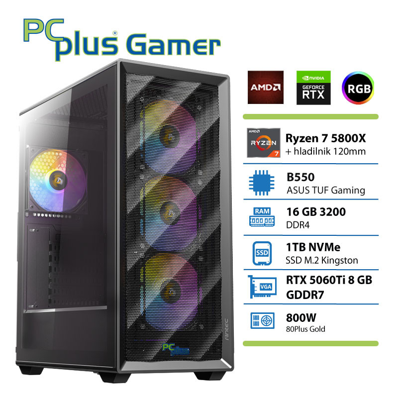 Pcplus gamer ryzen 7 5800x 16gb 1tb ssd rtx 5060ti 8gb gaming namizni računalnik
komponentko
