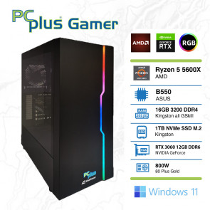 PCPLUS Gamer Ryzen 5 5600X 16GB 1TB NVMe SSD GeForce RTX 3060 12GB Windows 11 Home gaming namizni računalnik
