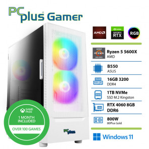 PCPLUS Gamer Ryzen 5 5600X 16GB 1TB SSD RTX 4060 8GB Windows 11 Home + Xbox GP bel gaming namizni računalnik