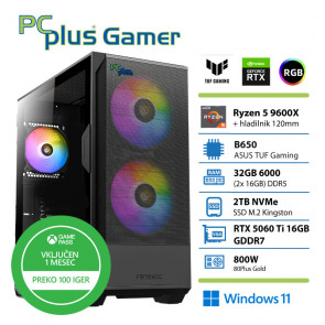PCPLUS Gamer Ryzen 5 9600X 32GB 2TB SSD RTX 5060Ti 16GB Windows 11 Home + Xbox GP gaming namizni računalnik